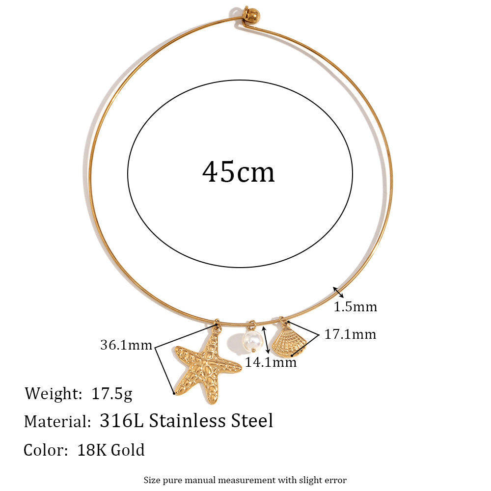 Solid Stainless Steel Starfish Scallop Pearl Waterproof 18k Gold Pendant Chain Necklace