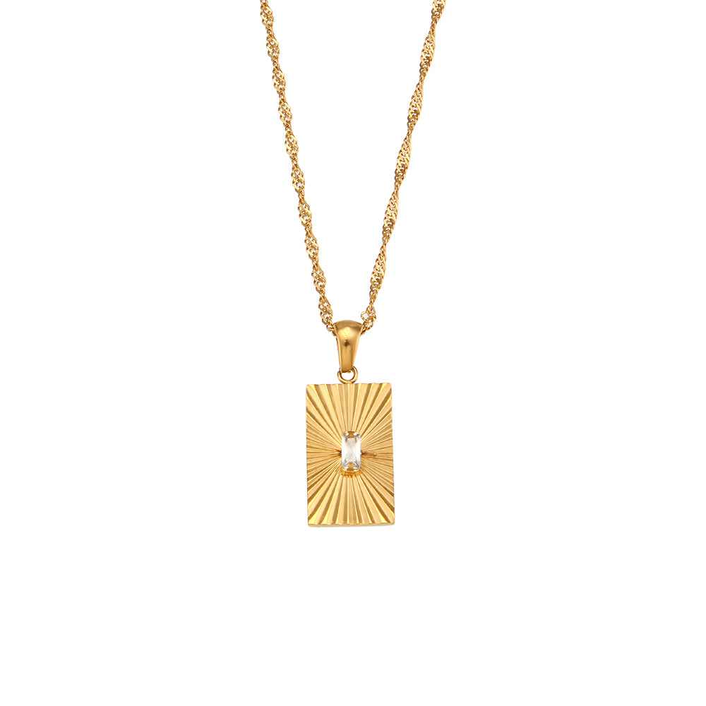 Sunburst 18k Gold Over Stainless Steel Waterproof Rectangle 316L Chain Necklace
