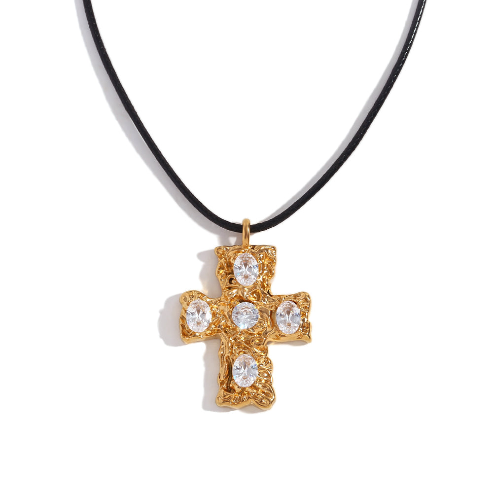 Designer Pattern Colorful Gemstone CZ 18k Gold Stainless Steel Cross Pendant Necklace
