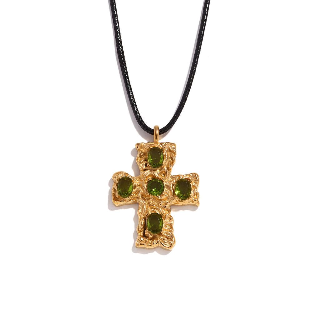 Designer Pattern Colorful Gemstone CZ 18k Gold Stainless Steel Cross Pendant Necklace
