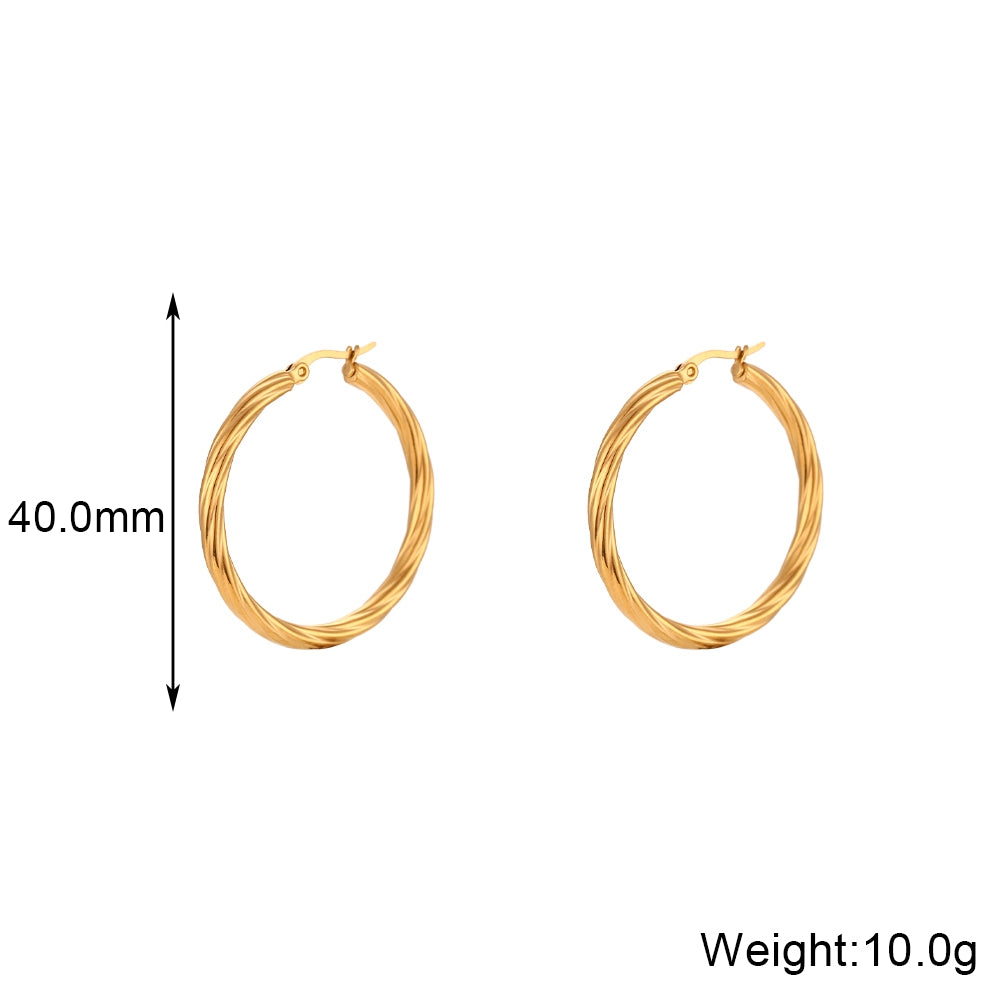 Ladies 18k Gold Twisted Hoop Solid Stainless Steel Waterproof Bling Earrings
