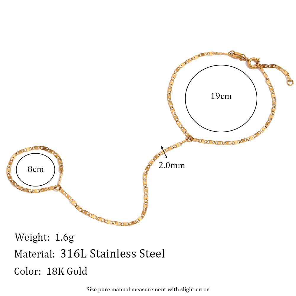 Ladies Waterproof Stainless Steel 18K Gold Plated Hand Chain Finger Ring Bracelet