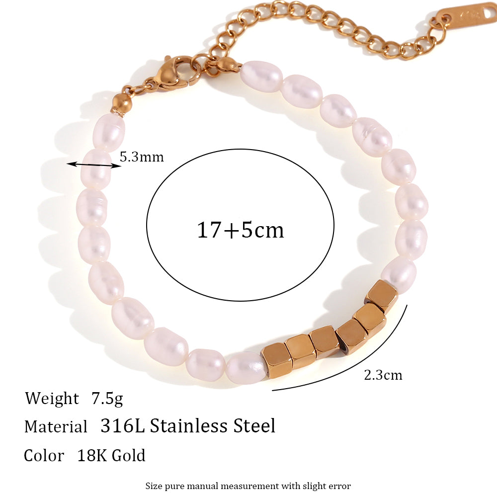18k Gold Stainless Steel Cubic Beads Freshwater Pearl Choker Necklaces Bracelets Jewelry Set
