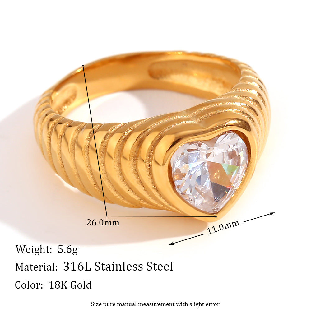 18k Gold Tarnish Free Heart Love Radiates Wave Zircon Waterproof Stainless Steel Rings