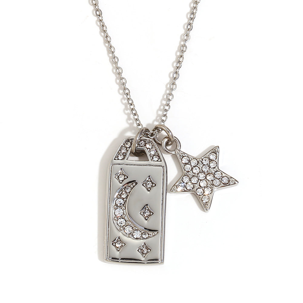 18K Gold Waterproof Stainless Steel Square CZ Moon Star Bling Tarnish Free Pendant