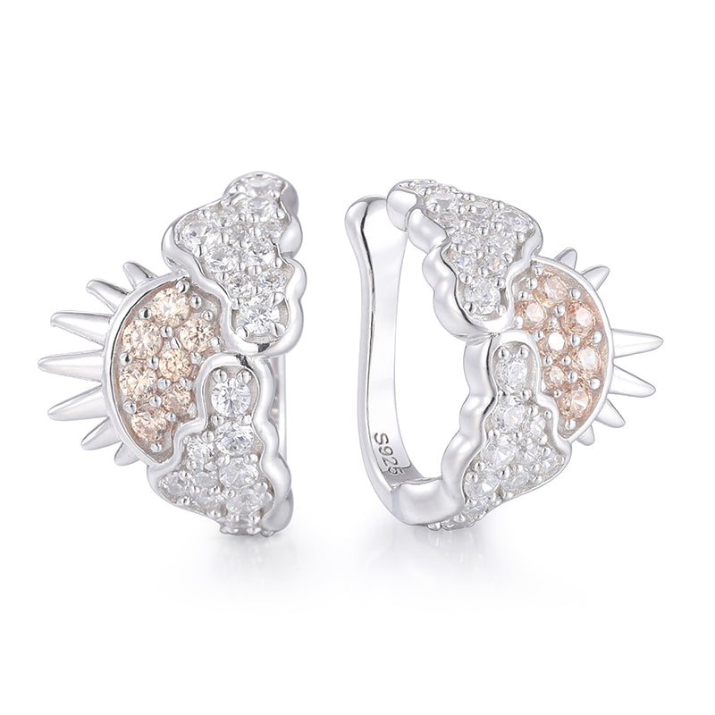 Sunny Clouds | Sterling Silver Moissanite Diamond Sun Rays Clouds Clip On Earrings