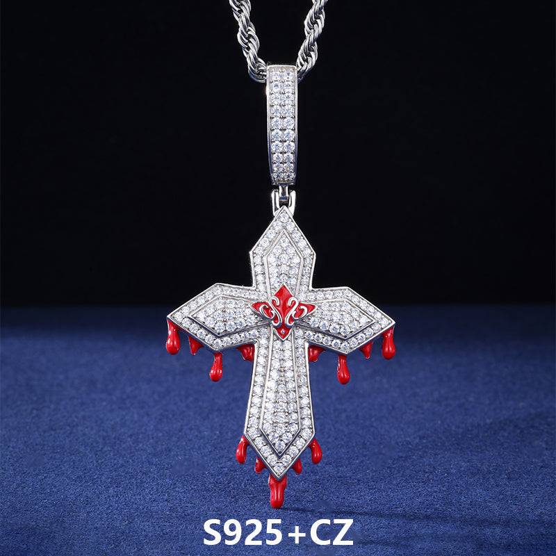 Blood Ties | Solid 925 Sterling Silver Moissanite Diamond Hip Hop Blood Drip Cross Pendant