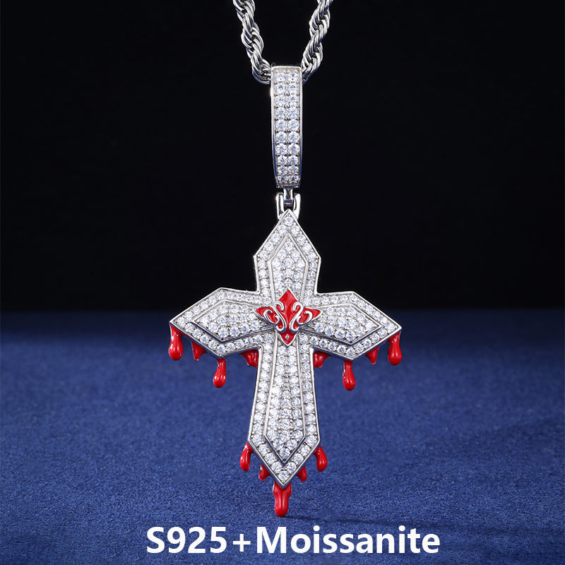 Blood Ties | Solid 925 Sterling Silver Moissanite Diamond Hip Hop Blood Drip Cross Pendant