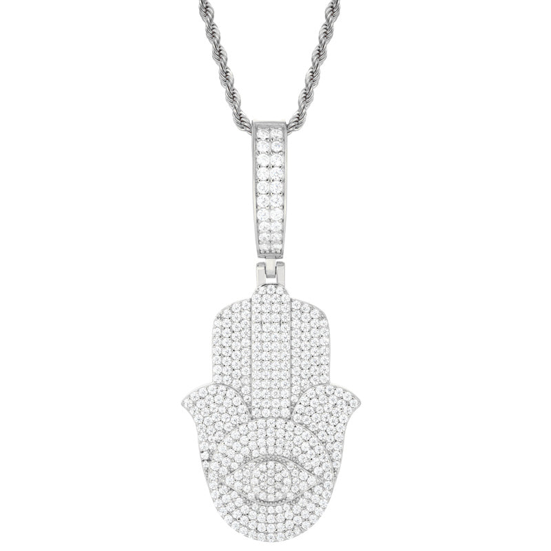Eye Of Fatima | Solid Sterling Silver Moissanite Diamond Hamsa Hand Iced Blinged Out Pendant