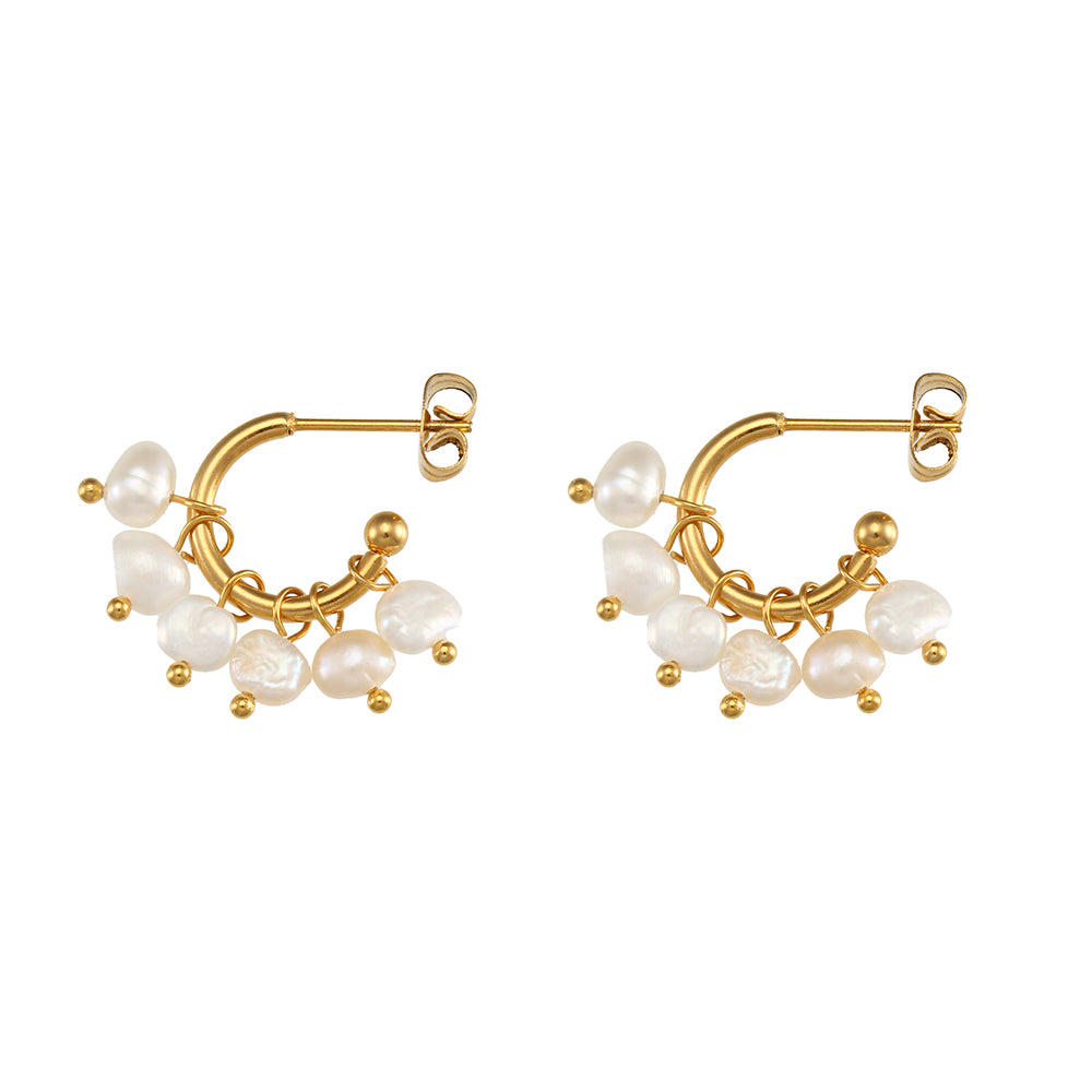 18k Gold Elegant Delicate Freshwater Pearl Stainless Steel Waterproof Hoop Earrings