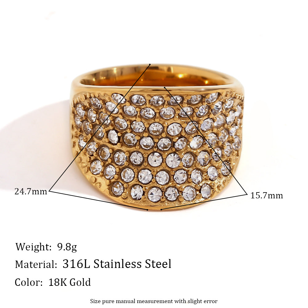 Waterproof Solid Stainless Steel 18k Gold Hollow Round CZ Micro Pave Rings Collection