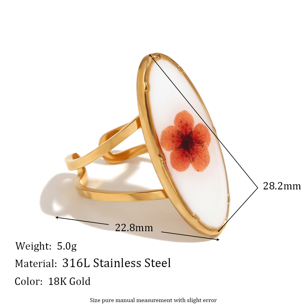 Ladies 18k Gold Stainless Steel Adjustable Waterproof Oval Sweet Flower Ring