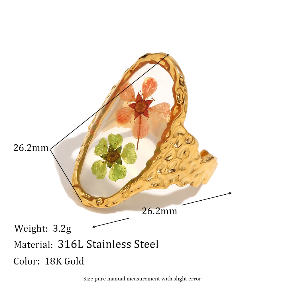 Ladies 18k Gold Stainless Steel Adjustable Waterproof Oval Sweet Flower Ring