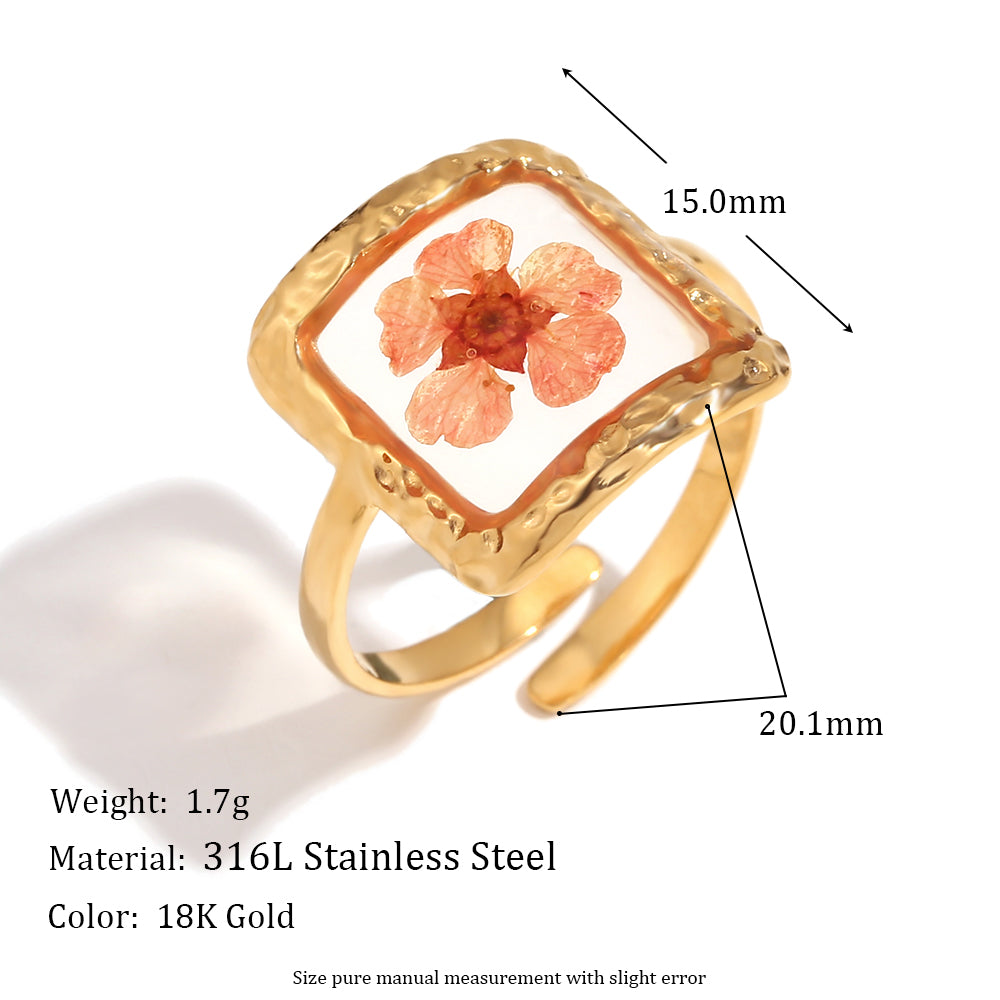 Ladies 18k Gold Stainless Steel Adjustable Waterproof Oval Sweet Flower Ring