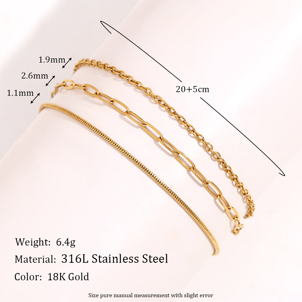Ladies 18k Gold Waterproof Stainless Steel 3-layer Chain Link Anklet Ankle Bracelets
