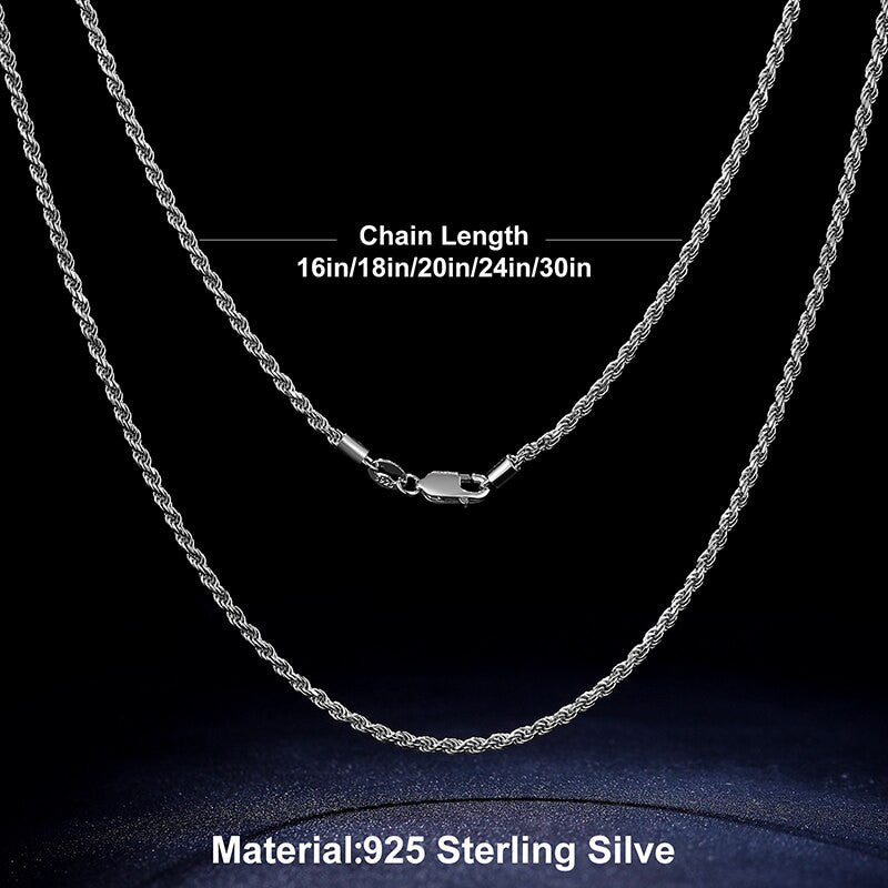 Mens 925 Sterling Silver 2.5mm Rope Link No Fade Bling Chain Necklace