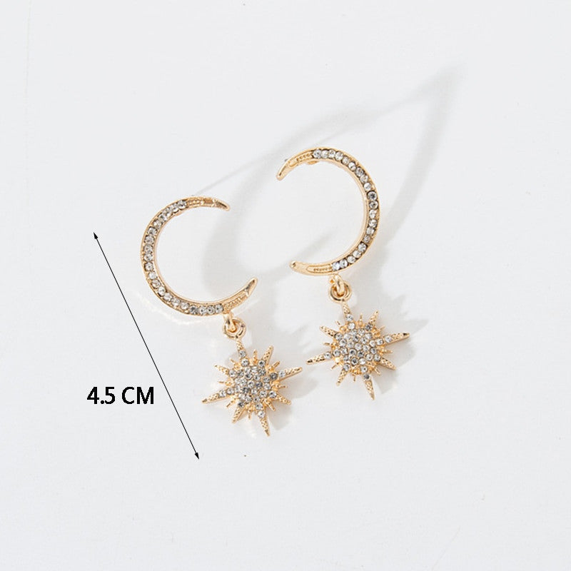 Ladies Fashion Earrings Exquisite Gold Silver Crystal Moon Stars Personality Girl Earring Set