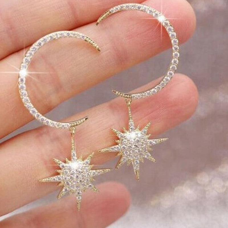Ladies Fashion Earrings Exquisite Gold Silver Crystal Moon Stars Personality Girl Earring Set