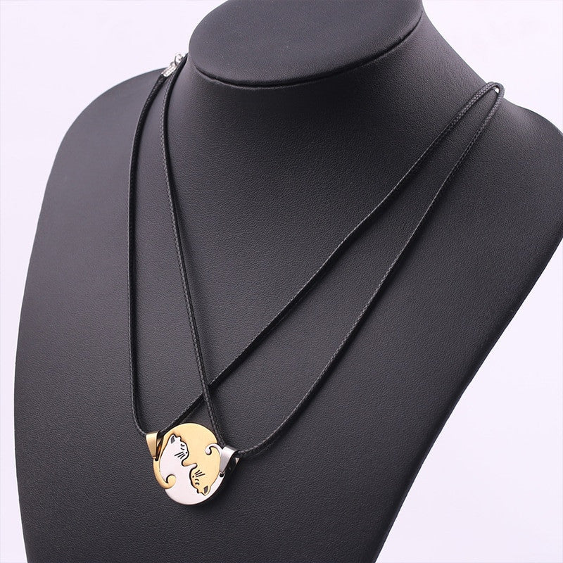 Ladies Fashion 2 Piece Sweet Kitten Kitty Pussy Cat Leather Weave Pendant Necklace
