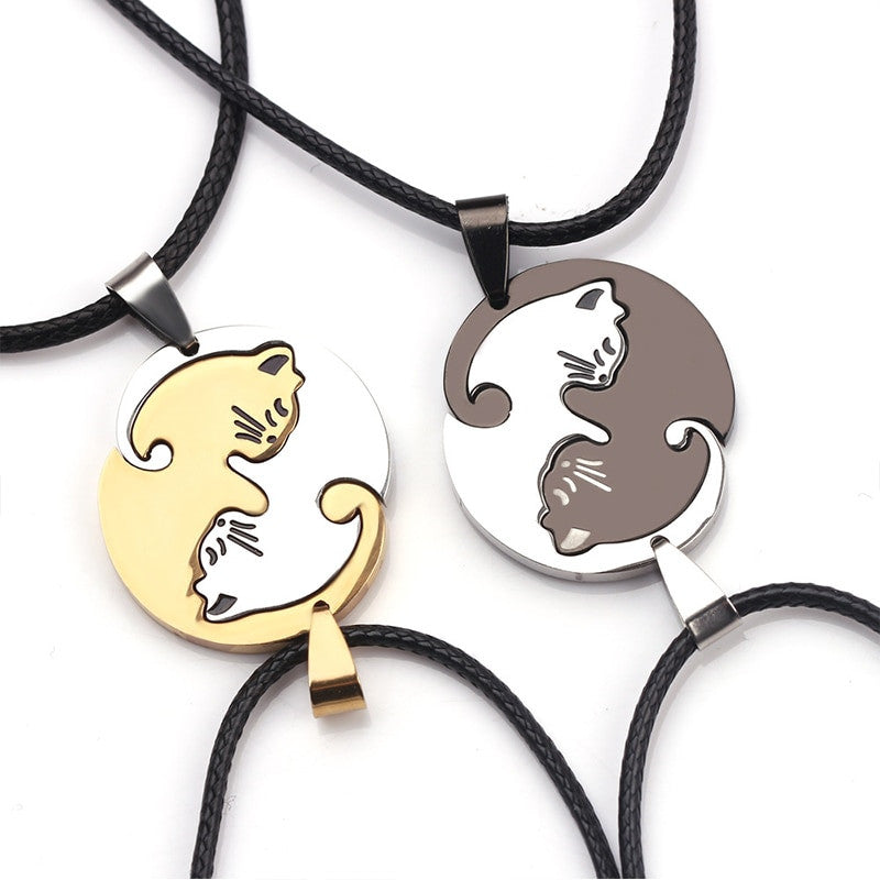 Ladies Fashion 2 Piece Sweet Kitten Kitty Pussy Cat Leather Weave Pendant Necklace