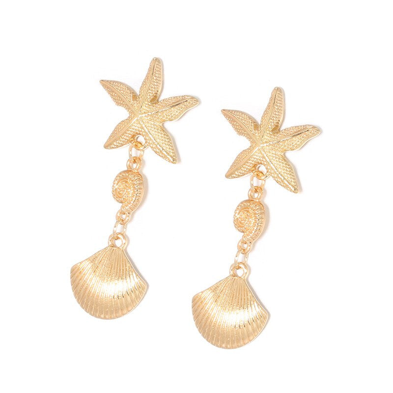 Ladies Sea Shell Starfish Conch Gold Boho Stud Earrings
