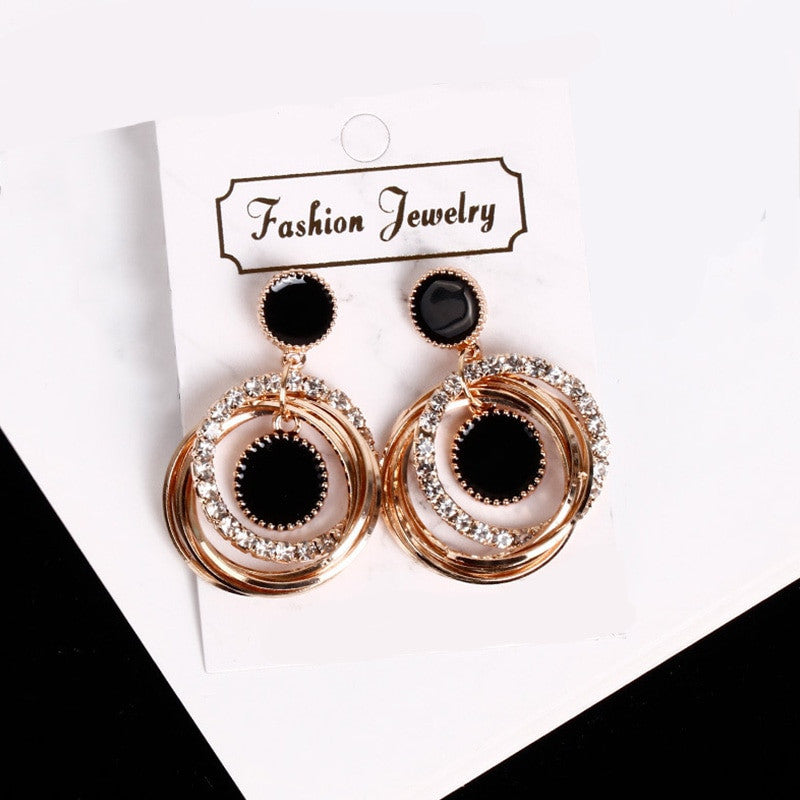 Ladies Fashion 2 Piece Crystal Round Circle Gold Gem Stone Earrings