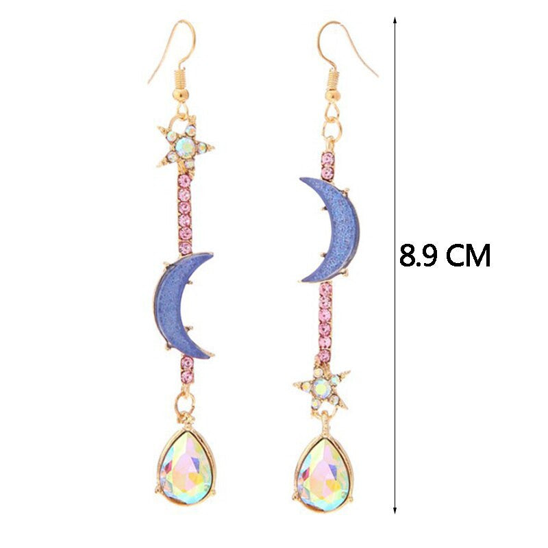 Ladies Gold Moon Star Crystal Drops Tassel Stud Fashion Earrings Set