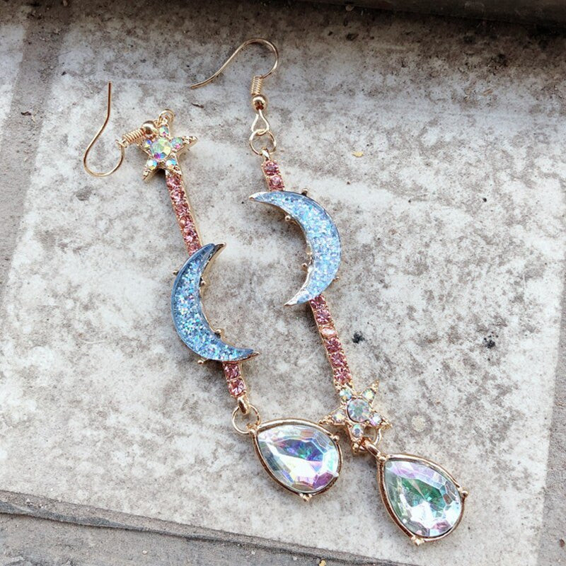 Ladies Gold Moon Star Crystal Drops Tassel Stud Fashion Earrings Set