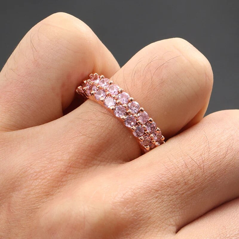 Iced Blinged Out 2 Row Solitaire Pink Stone Street Wear Rings