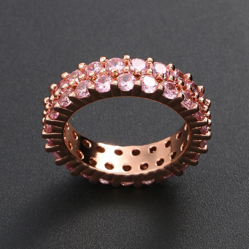 Iced Blinged Out 2 Row Solitaire Pink Stone Street Wear Rings