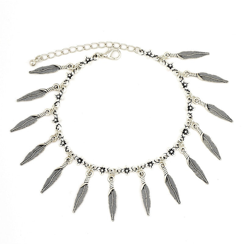 Classic Leaf Sea Shell Om Leather Chain Tassel Silver Multi Layer Anklet Ankle Bracelet