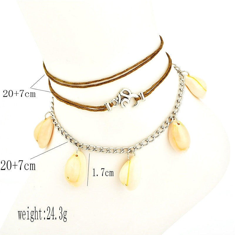 Classic Leaf Sea Shell Om Leather Chain Tassel Silver Multi Layer Anklet Ankle Bracelet
