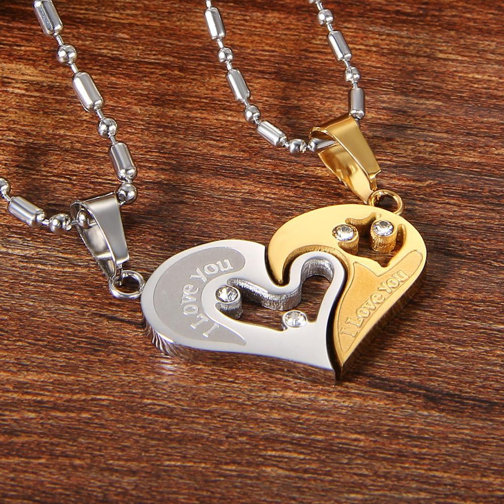 2 Piece Matching Couples Lovers No Tarnish Stainless Steel I Love You Heart Chain Necklace