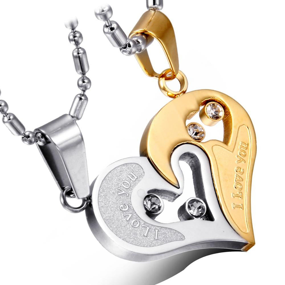 2 Piece Matching Couples Lovers No Tarnish Stainless Steel I Love You Heart Chain Necklace