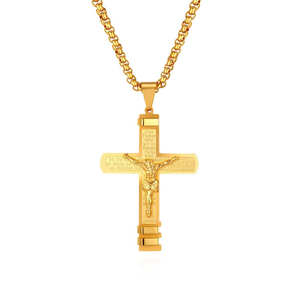 Mens Lords Prayer Layered No Fade Stainless Steel Jesus Crucifix Cross Pendant Chain