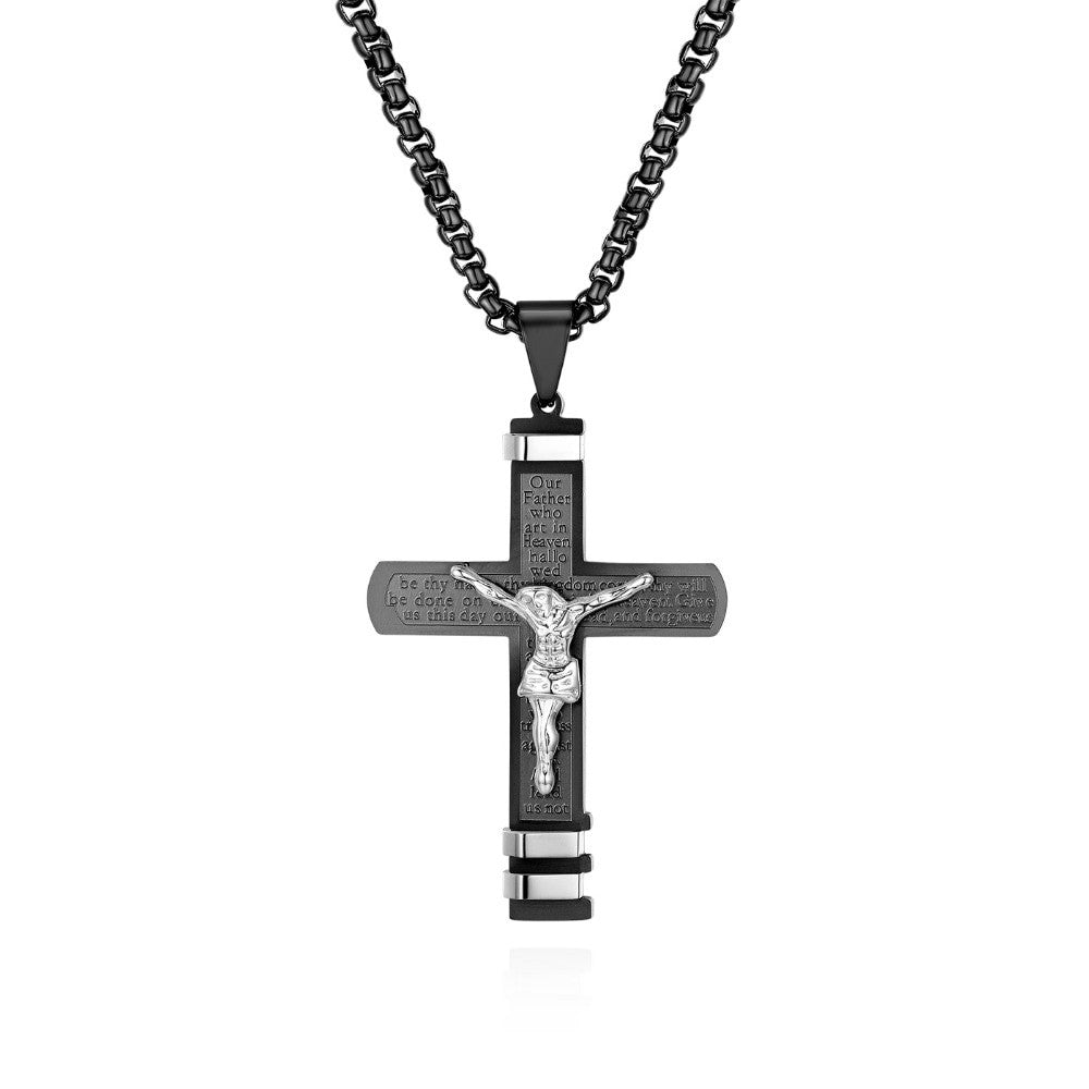 Mens Lords Prayer Layered No Fade Stainless Steel Jesus Crucifix Cross Pendant Chain