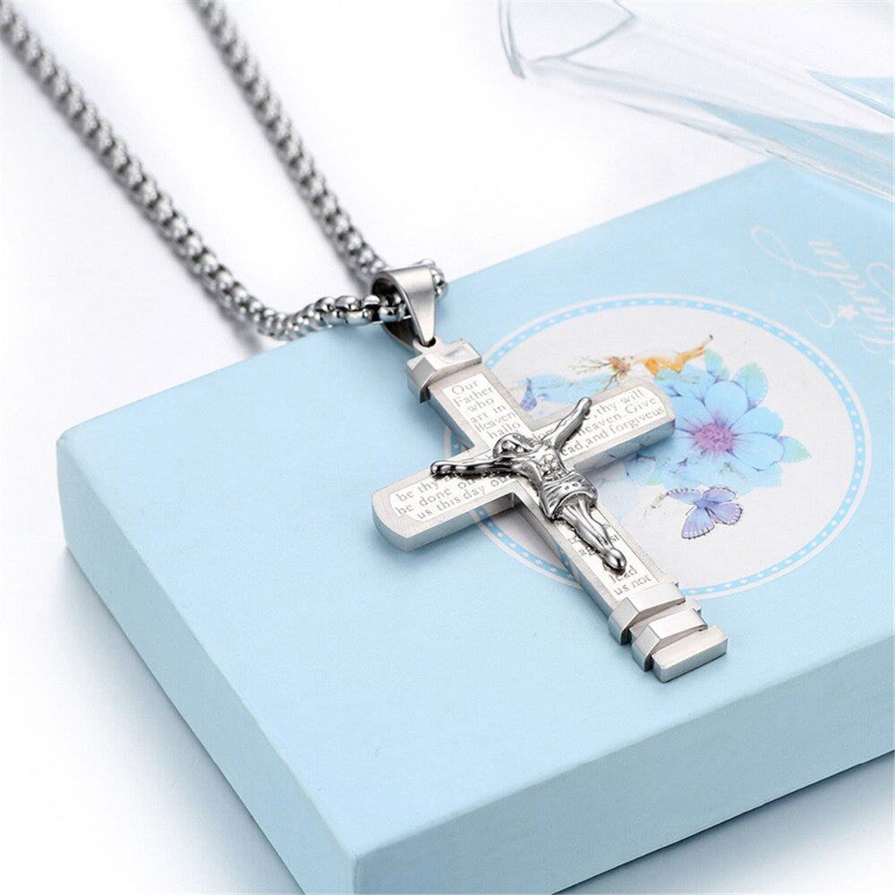 Mens Lords Prayer Layered No Fade Stainless Steel Jesus Crucifix Cross Pendant Chain
