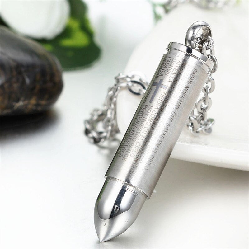 Lords Prayer Stainless Steel No Fade Cross Bullet Pendant Chain Necklace