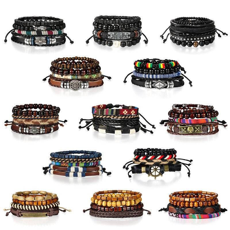 Street Wear Fashion Wooden Beaded Black Brown Leather Bracelets