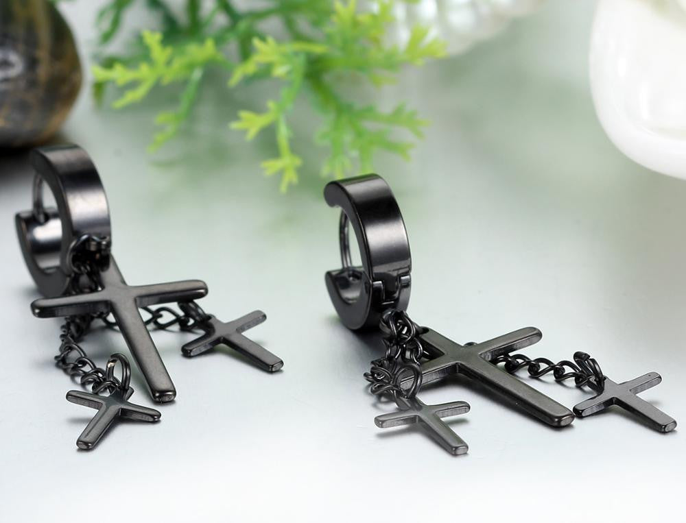 Three Cross Huggie Style Gold Black Silver Stainless Steel Drop Earrings