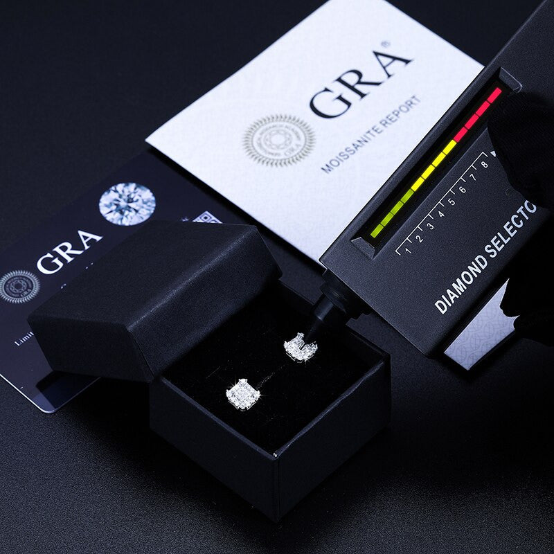 Mens Genuine VVS Diamond Iced Squares Blinged Out Solid 925 Silver Hip Hop Earrings