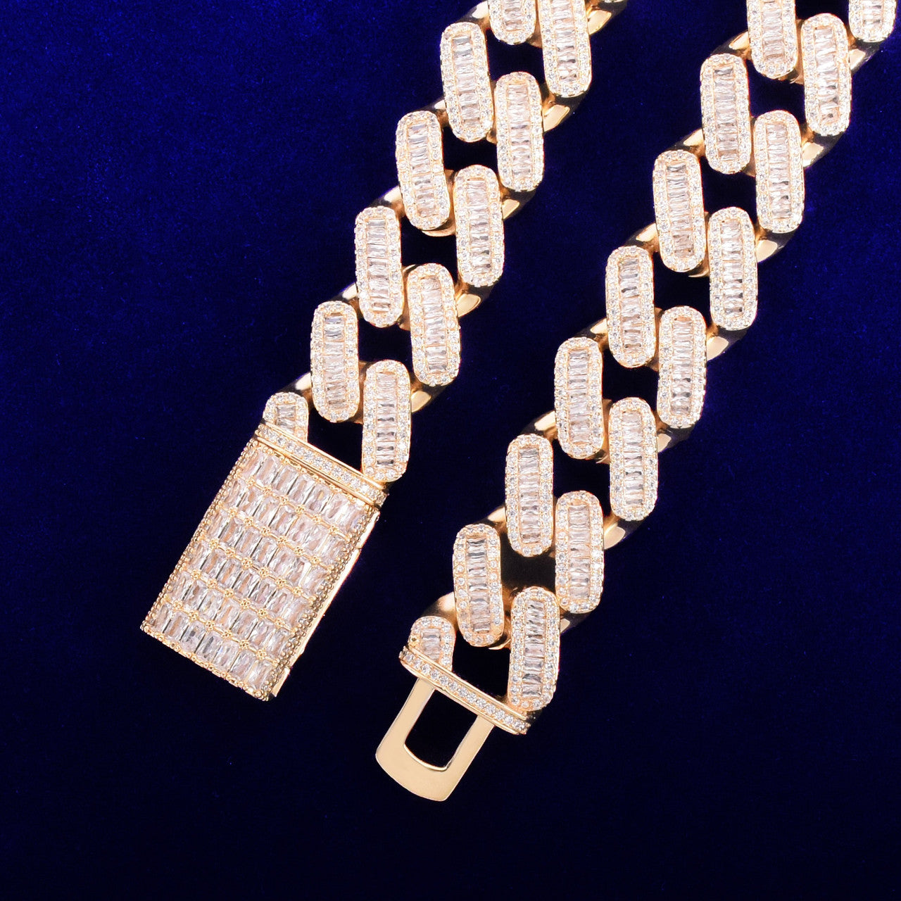 Mens Bling 24k Flooded Ice 20MM Baguette Miami Cuban Link Hip Hop Chains