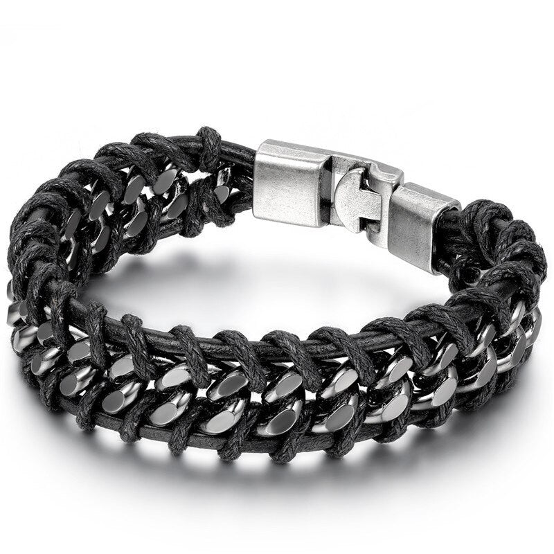 Men's Street Wear Braided Black Leather Hip Hop Casual Bracelet