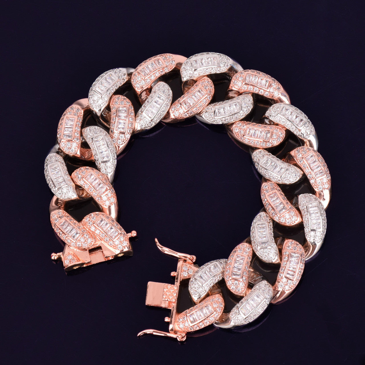 Rose Gold Silver Flooded Ice Big Boy Colorful Baguette AAA Stone Miami Cuban Link Bracelet