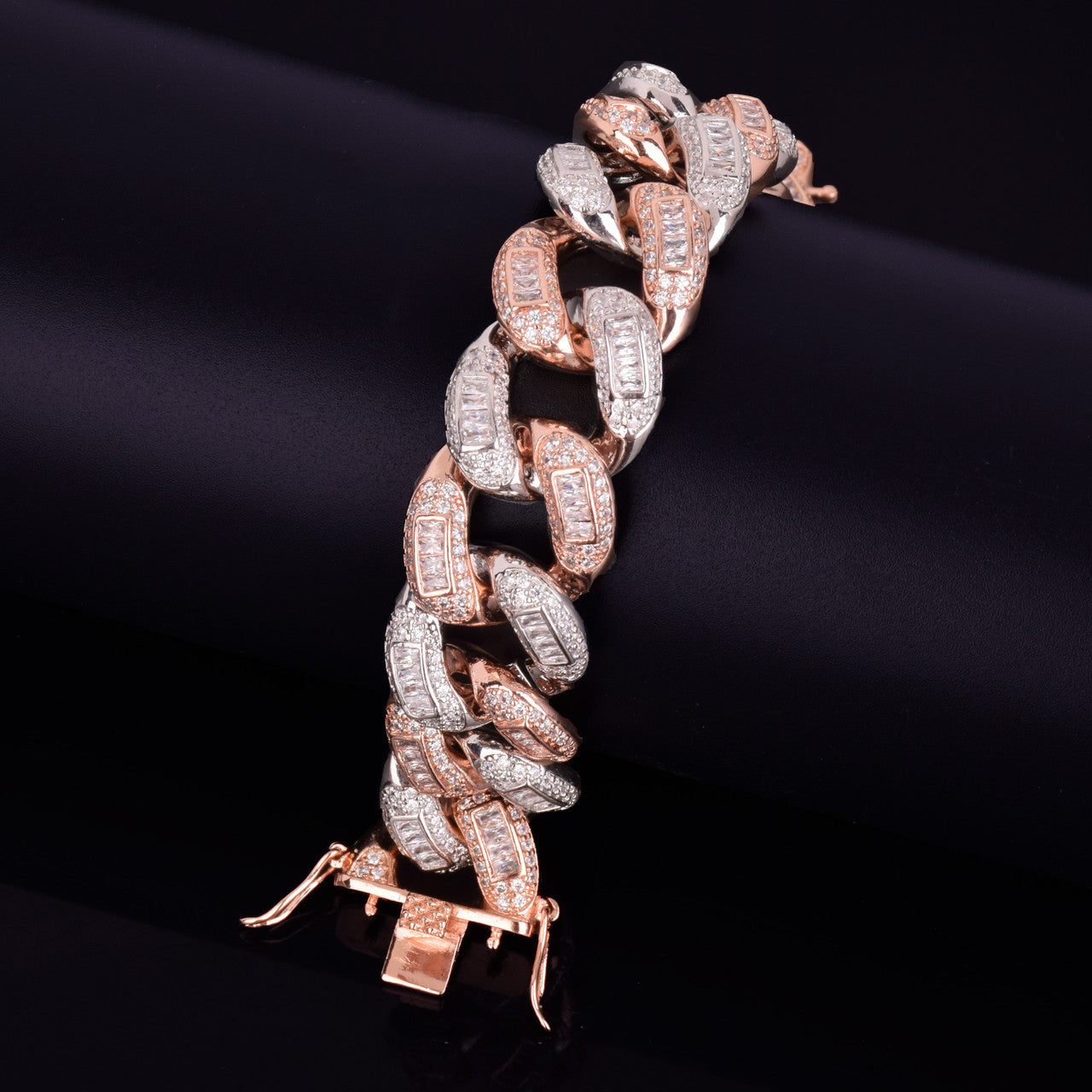Rose Gold Silver Flooded Ice Big Boy Colorful Baguette AAA Stone Miami Cuban Link Bracelet