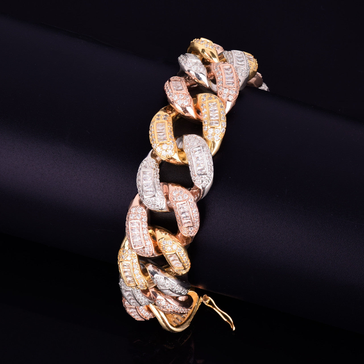 24k Gold Rose Gold Silver Flooded Ice 22mm Colorful Baguette AAA Stone Miami Cuban Link Bracelet