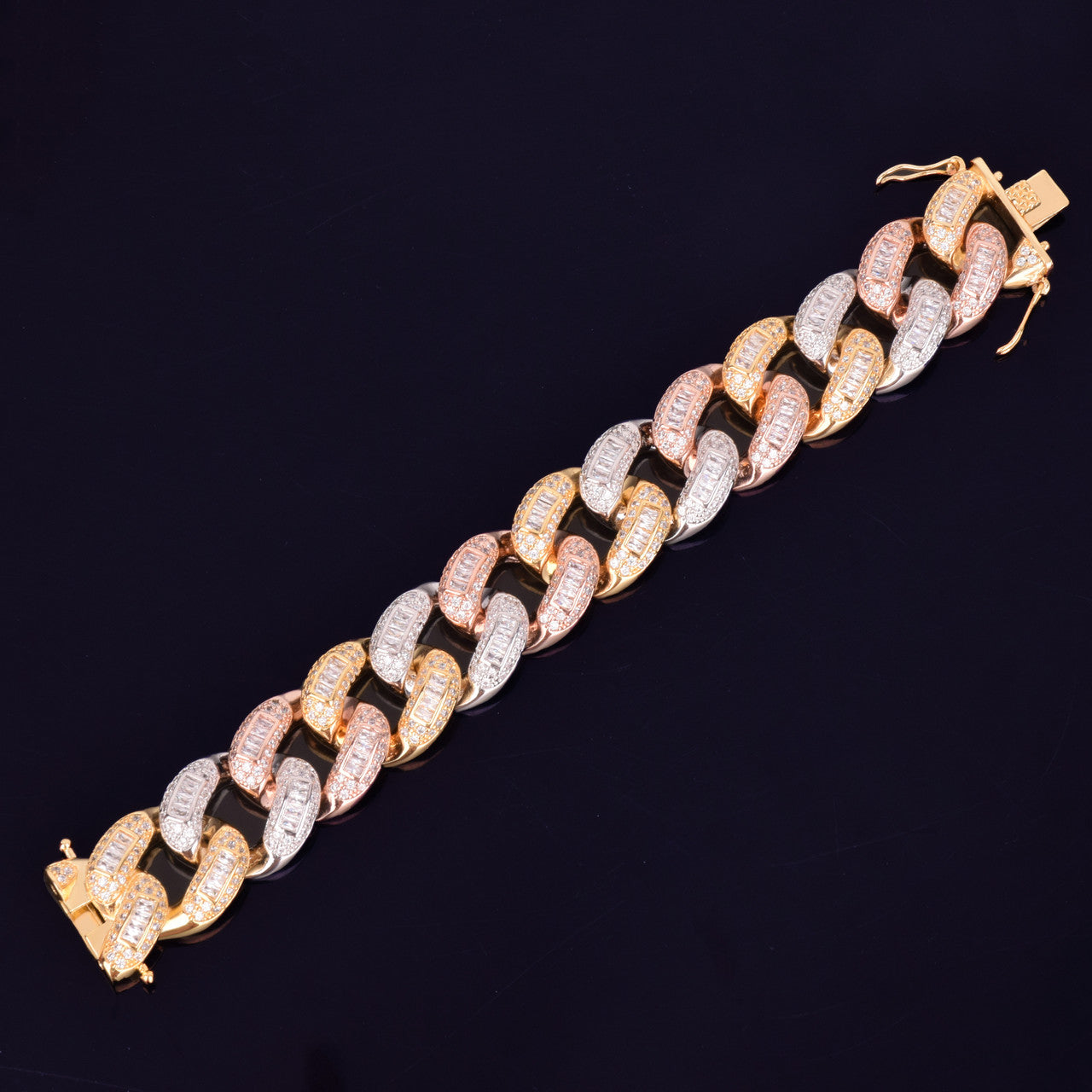 24k Gold Rose Gold Silver Flooded Ice 22mm Colorful Baguette AAA Stone Miami Cuban Link Bracelet