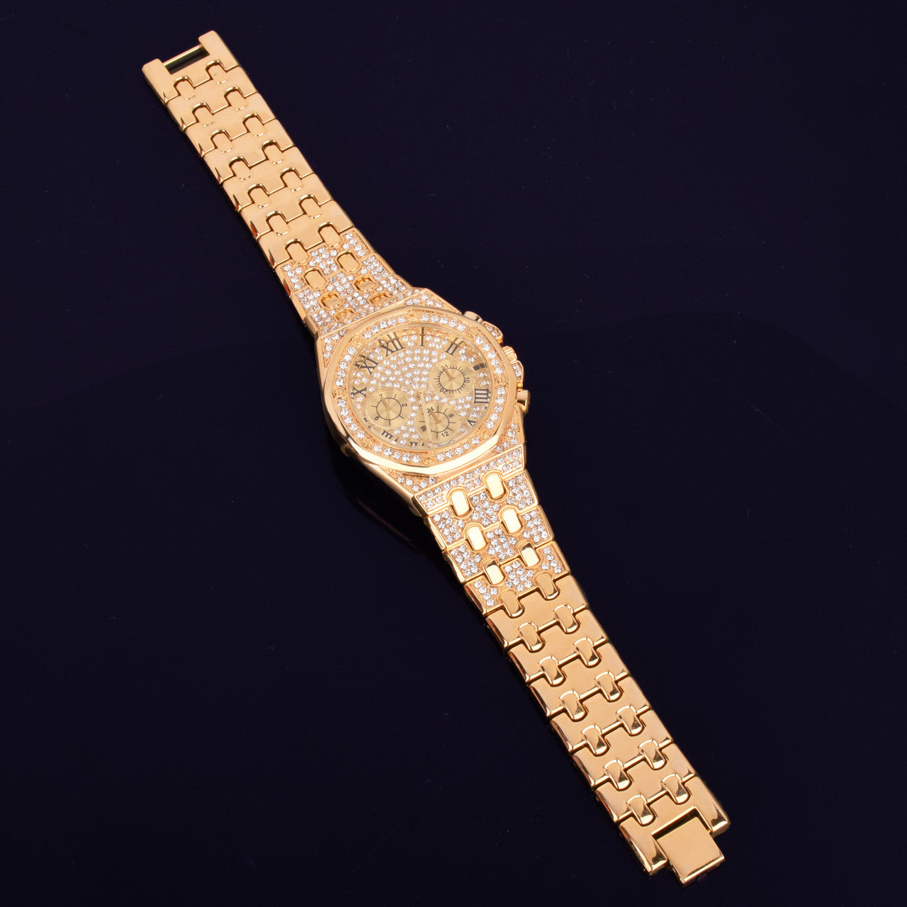 Men's Flooded Ice 14k Gold Studded Stone Bezel Big Face Stainless Steel Wrist Watch