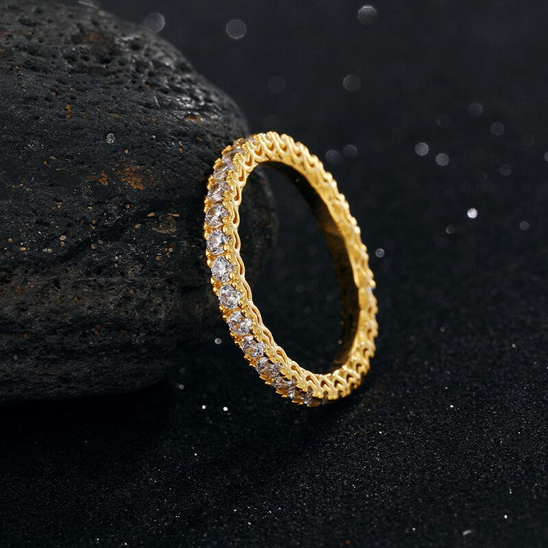 Ladies 2mm 18k Gold 925 Silver Prong Set Simulate Diamond Fashion Casual Bling Rings