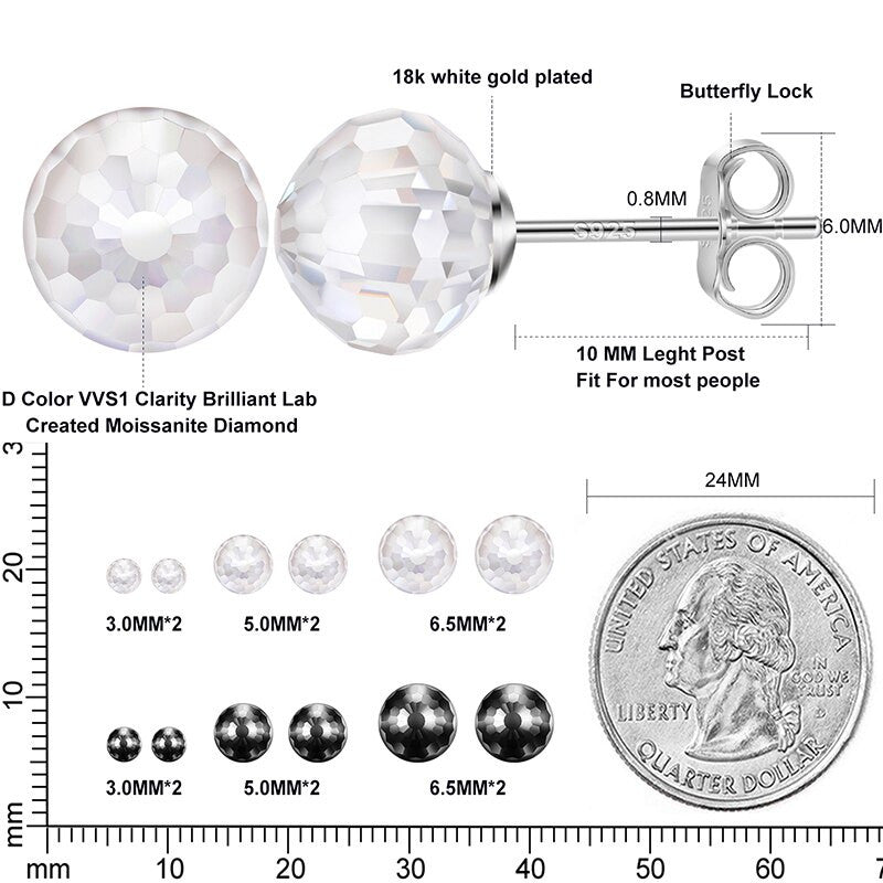 Solid 925 Sterling Silver Genuine VVS Lab Diamond Moissanite Disco Ball Bling Earrings
